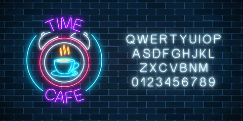 Neon sign of time-cafe with coffee cup in clock with alphabet. Glowing symbol of anti-cafe with text.