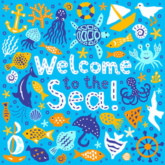 Paper cutout marine style kids design element set. Welcome to the Sea lettering phrase. Funny cartoon doodle fish, octopus, gull, shell, calmar, starfish, jellyfish, guitarfish vector illustration