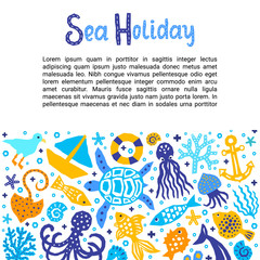 Cutout marine style kids design element paper flyer card with Sea Holiday lettering title. Vector funny cartoon doodle background of fish, octopus, gull, shell, calmar, starfish, jellyfish, guitarfish