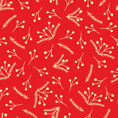 Vector red Christmas seamless pattern decorated with yellow branches and berries. Perfect to decorate fabric, winter holidays gift wrapping paper, packaging.