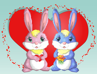 Happy valentine's day. Love card. A pair of cute bunnies girl and boy, pink and deep against a red heart. Concept of love confession, marriage proposal, relationship, couple