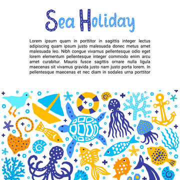 Cutout marine style kids design element paper flyer card with Sea Holiday lettering title. Vector funny cartoon doodle background of fish, octopus, gull, shell, calmar, starfish, jellyfish, guitarfish