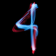 The neon number 4, blue light image, long exposure with colored fairy lights, against a black background