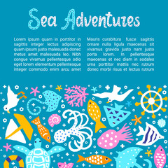 Cutout marine style kids design element paper flyer card Sea Adventures lettering title. Vector funny cartoon fish, octopus, gull, shell, calmar, starfish, jellyfish, guitarfish doodle background 