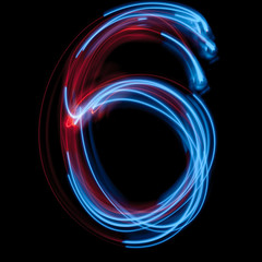 The neon number 6, blue light image, long exposure with colored fairy lights, against a black background