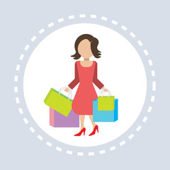 woman hold colorful packages paper bags shopping icon concept flat