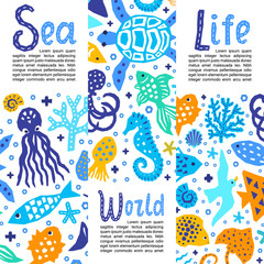 Sea world Cutout marine style kids design element paper flyers. Lettering titles Sea, World, Life. Vector funny cartoon doodle background of fish, octopus, gull, shell, calmar, starfish, jellyfish, gu