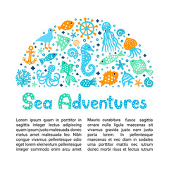 Cutout marine style kids design element paper flyer card. Lettering title Sea Adventures. Vector funny cartoon doodle background of fish, shell, calmar, starfish, jellyfish, gull, octopus © shevalierart