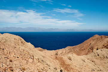 Blue sea. View from sandy rocks