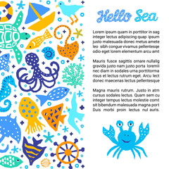 Cutout marine style kids design element paper flyer card. Lettering title Hello Sea. Vector funny cartoon doodle background of fish, shell, calmar, starfish, jellyfish, crab, boat, turtle