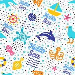 Seaworld seamless pattern of paper cutout marine style memphis design elements. Endless funny cartoon background for kids cloth textile print, childish wallpaper, wrapping. EPS 10 vector illustration © shevalierart