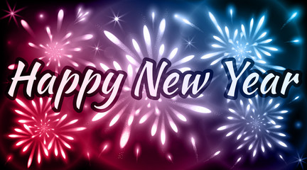 Happy New Year banner decorated with fireworks of red, violet and blue shades