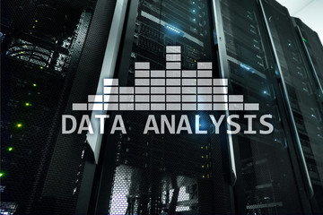 Big Data analysis text on server room background. Internet and modern technology concept.
