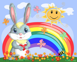 Bunny with a heart in a meadow near the rainbow. Spring, love, postcard