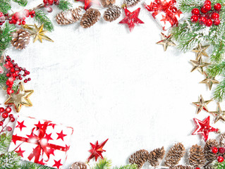 Christmas tree branches gifts stars decorations snow