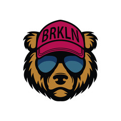 Cool bear in sunglasses. Grizzly in cap