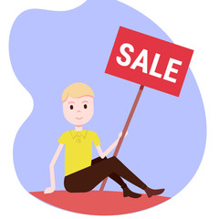 man holding sale board special offer discount promotion concept flat male cartoon character