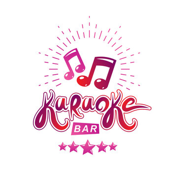 Karaoke bar writing, vector emblem created using musical notes and other design elements. Leisure and relaxation lifestyle presentation