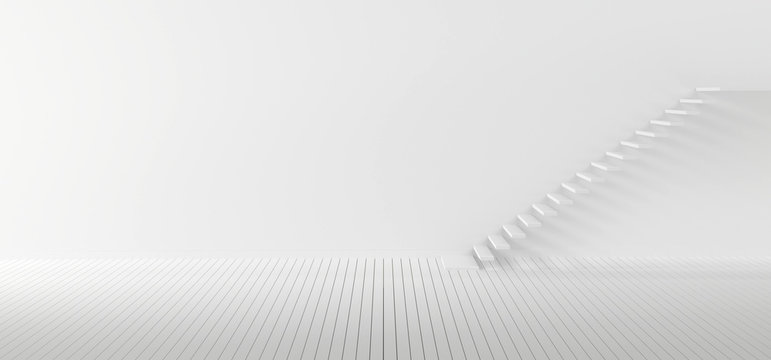 White Empty Backdrop with wooden floor and white stairs, 3D rendering.