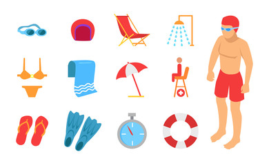 Young Man Surrounded with Swimming Equipment Icon