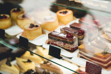 a piece of cake at a shop window confectionery