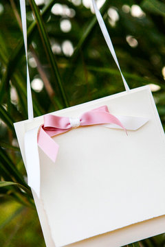 Segna posto appeso a una pinta con fiocco rosa