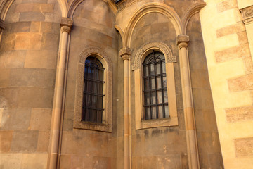 Fototapeta na wymiar Wall of armenian Cathedral of the Assumption of Mary. Armenian courtyard. Lviv
