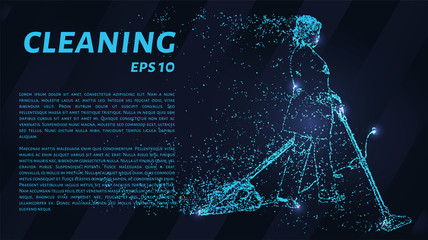 Obraz premium Cleaning of blue glowing dots. The cleaning lady with the vacuum cleaner.