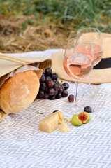 Wine, bread, grapes. Picnic.