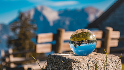 Crystal ball alpine landscape shot at the Hochschwarzeck summit-Berchtesgaden-Bavaria-Germany