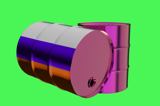 Two Metal Industrial Oil Barrels with Russian flag 3D rendering