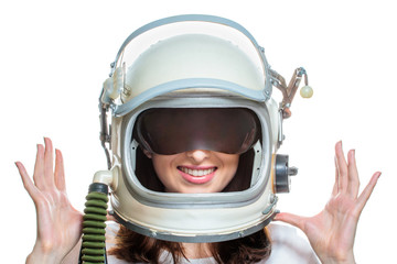 Young woman wearing space helmet isolated on white background