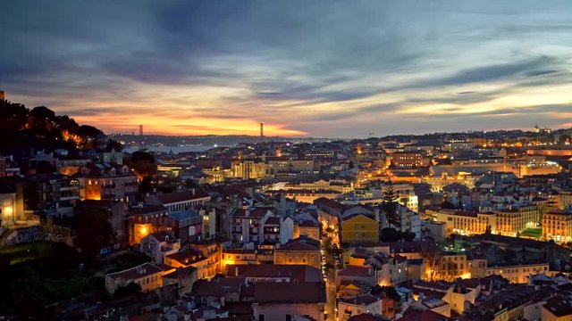 Lisbon, Portugal. Panning shot of evening city after sunset. 4K, UHD