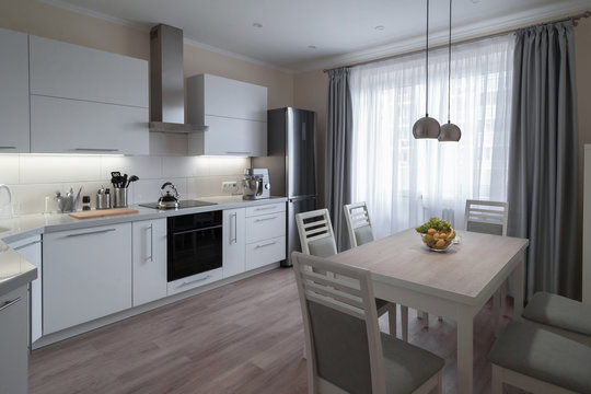 Interior. Kitchen modern, white, gray, beige color