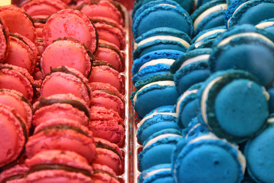 French macaron biscuits, red and blue colors