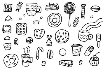 Dessert vector set elements in doodle style. 