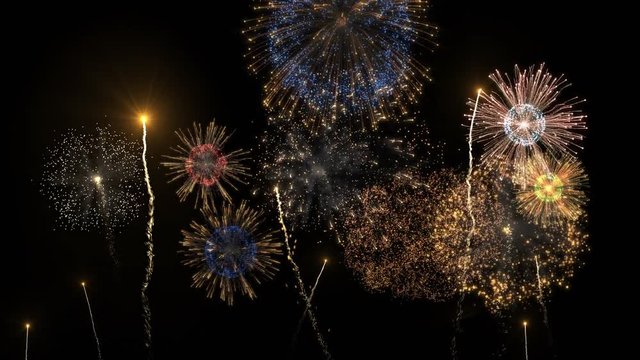 Shining fireworks of various colors over night sky. 4k