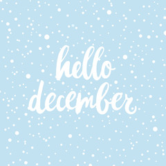 Fototapeta na wymiar Hello december poster, card. Vector hand drawn illustration with text and snow on blue.