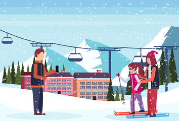 man taking photo skiers couple ski resort hotel houses buildings cable car chairlift snowy mountains fir tree landscape winter vacation flat horizontal