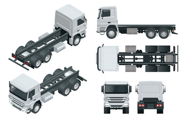 Truck tractor or semi-trailer truck. View front, rear, side, top and isometric front, back. Cargo delivering vehicle template vector isolated on white
