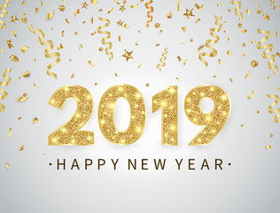 2019 Happy New Year background with gold confetti, glitter, sparkles and stars. Happy holiday backdrop with bright golden text and numbers. Luxury festive design for greeting card. Vector illustration