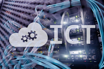 ICT - information and communications technology concept on server room background.