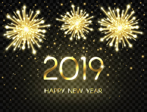 Happy New Year background with bright gold numbers 2019 and text. Holiday backdrop with fireworks, sparkles and stars. Luxury festive design for greeting card. Vector illustration