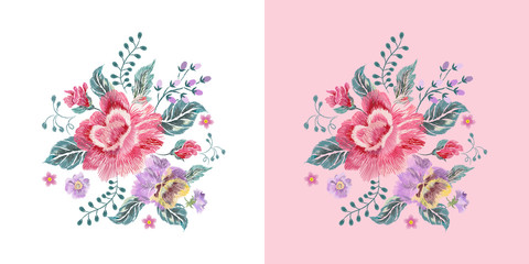 Embroidery floral native pattern with roses, pansies and forget me not flowers. Vector embroidered patch with flowers for wearing design.
