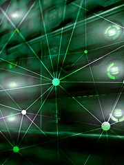 World map with communication network on server room background.