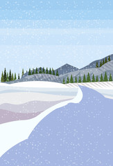 Winter snowy mountain hill fir tree forest landscape background vertical flat
