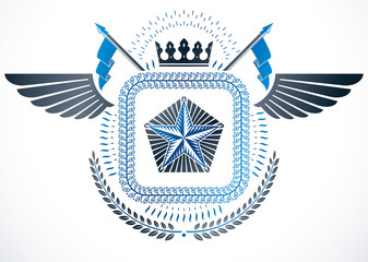 Winged retro vintage Insignia made with vector design elements like royal crown, pentagonal stars and laurel wreath