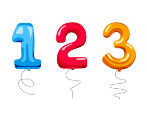 Vector set of isolated color balloons in the form of numbers. Color balloon figures: one, two, three