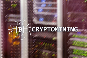Cryptocurrency mining concept on server room background.