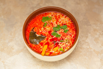 Spicy Thai Tom Yum soup with shrimps and coconut milk
